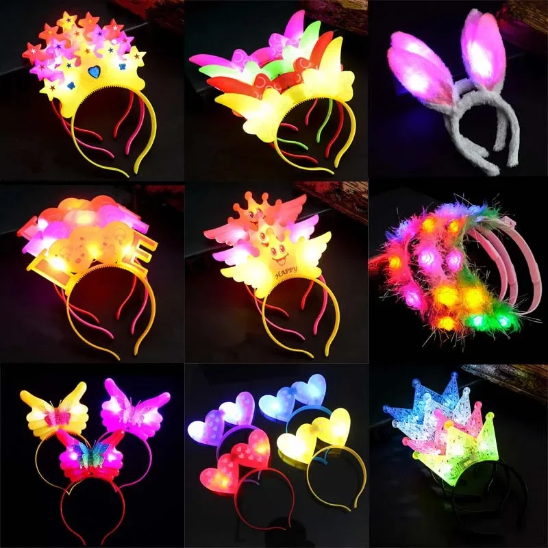 

10PC New festival LED Flashing Glow Headband Women Girls Crown Heart Light Up Hairbands Hair Accessories Glow Party Supplies