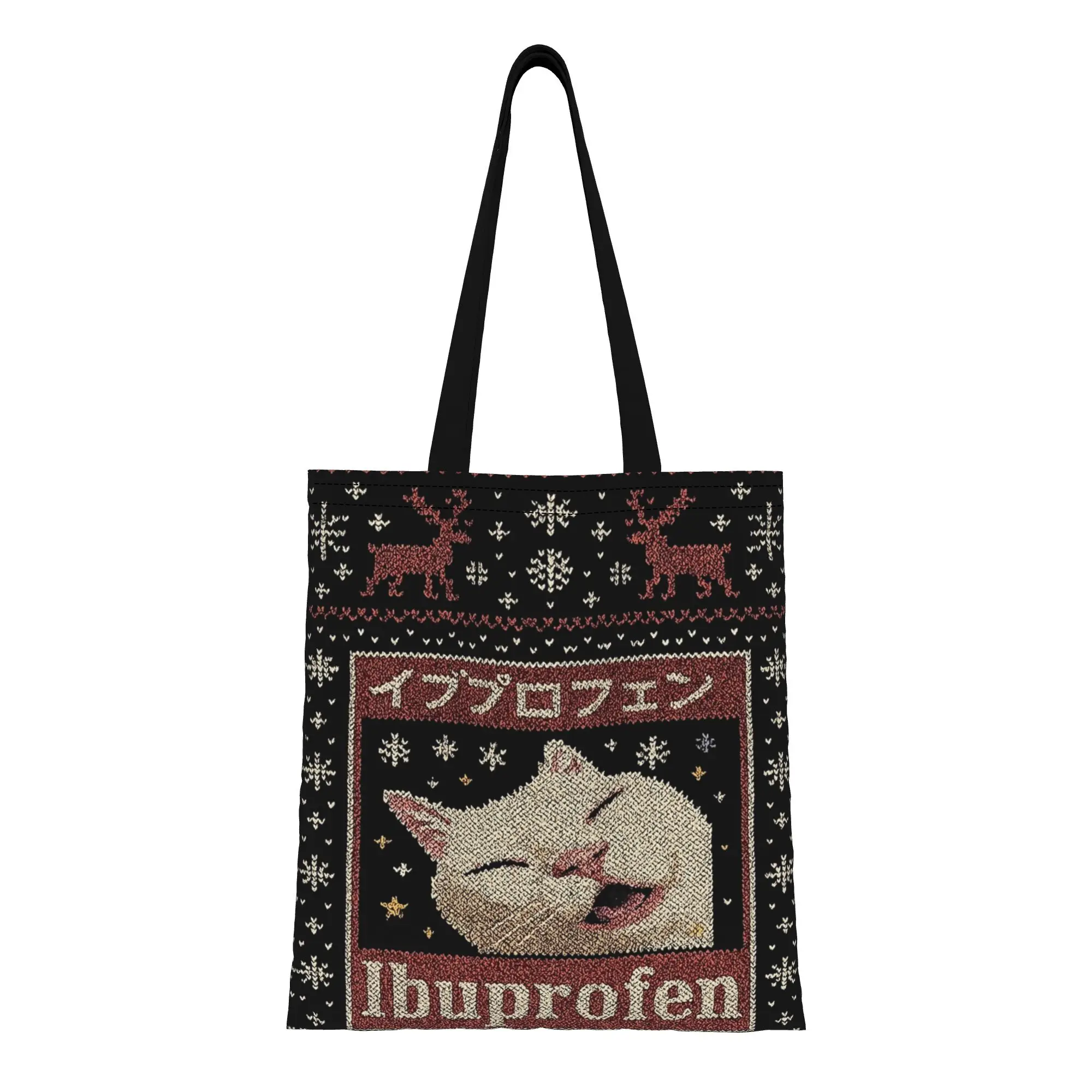 1PC Large Capacity Chaotic Cat Ibuprofen Cat Meme Canvas Tote Bag Foldable Chic Pattern No Closed Design