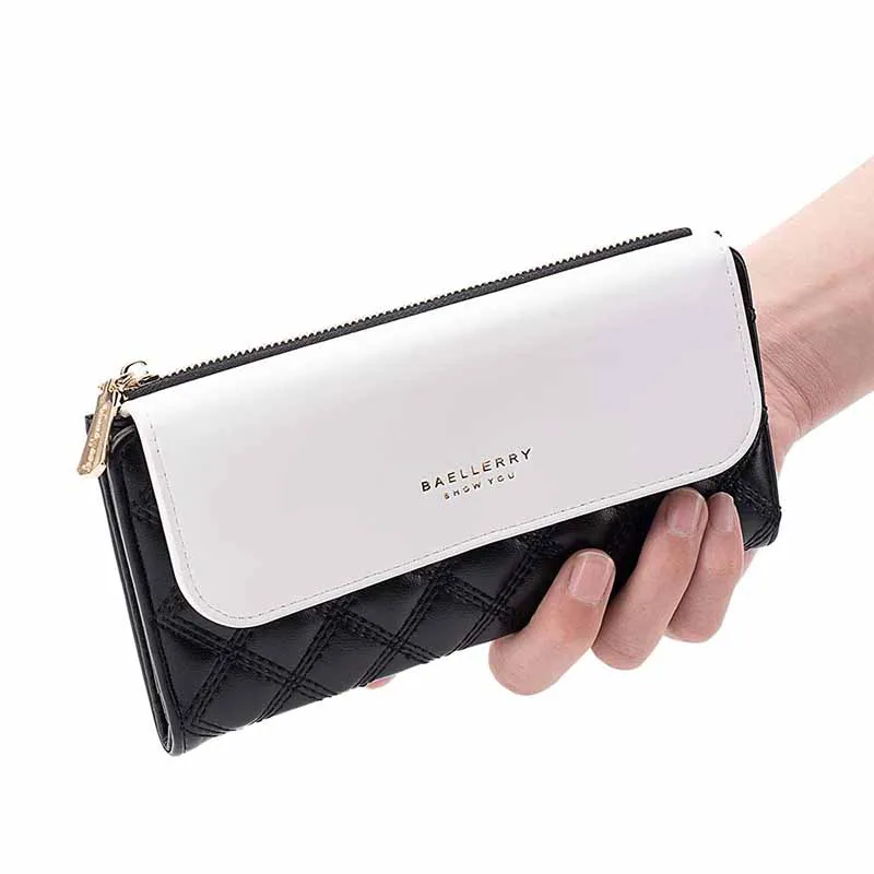 

Women PU Zipper Large Capacity Handbag Long Wallet Phone Clutch Bag Card Holder Coin Purse Fashion Check Pattern Trifold Wallet