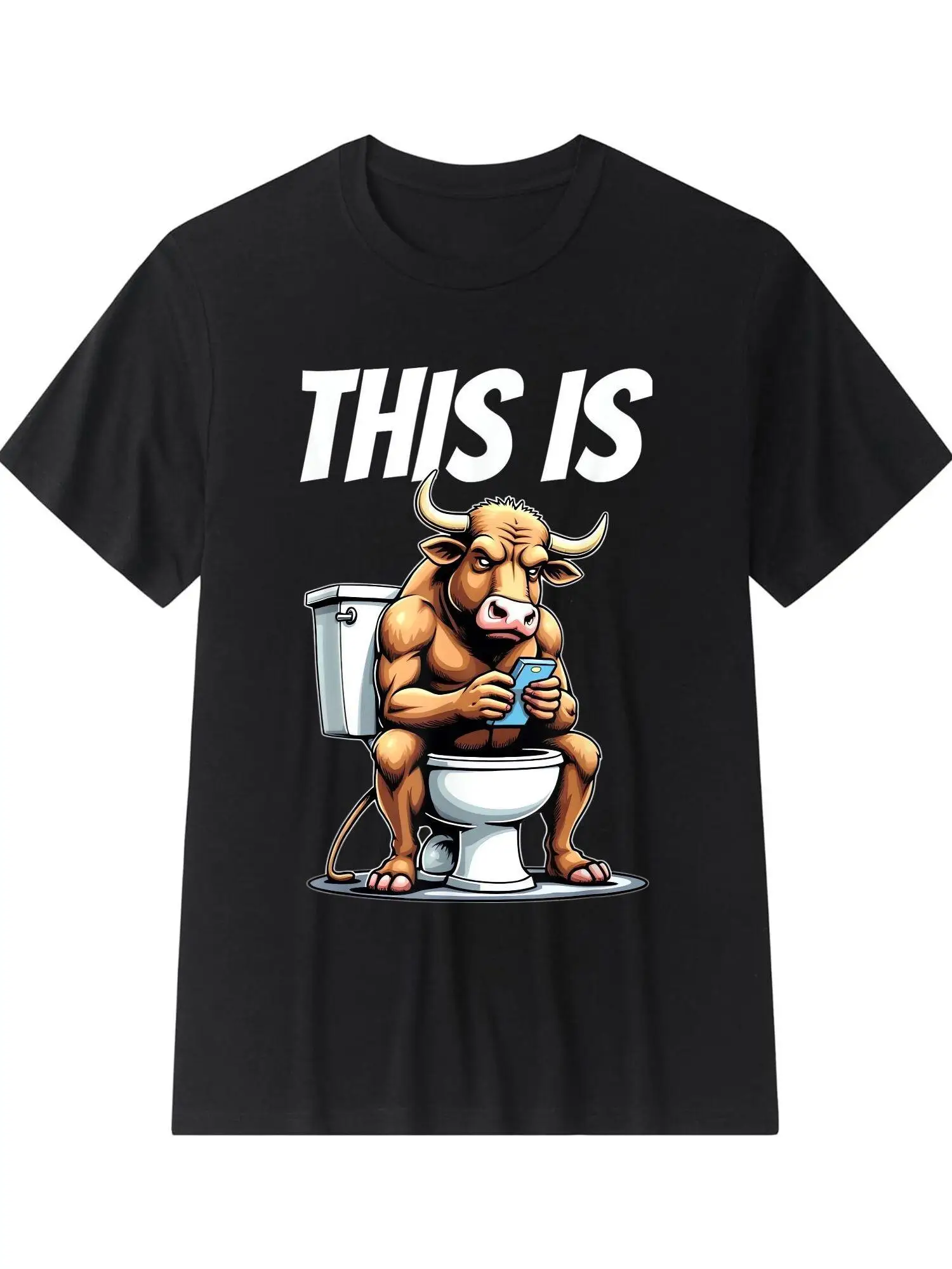 A T-Shirt Featuring a Bull Sitting on a Toilet While Using a Smartphone - Graphic Tees for Men, Including Vintage Styles And Printed Designs