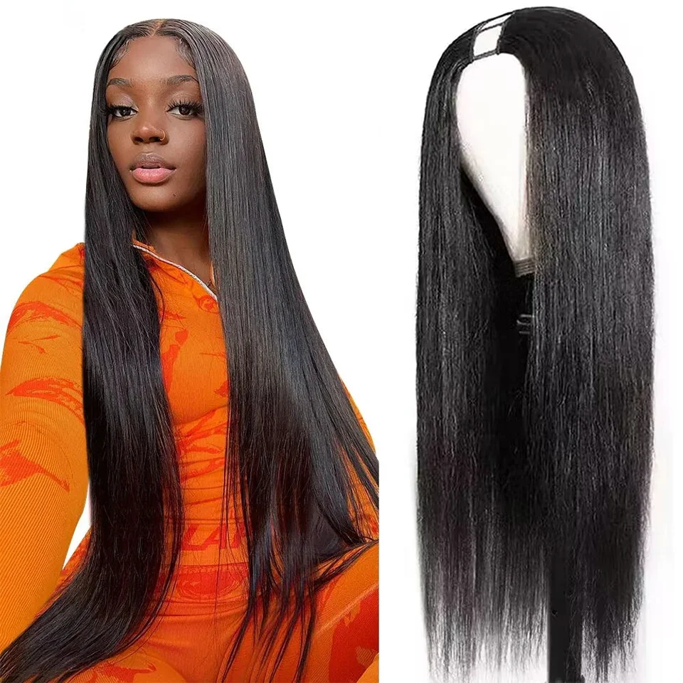 U Part Wig Straight Human Hair Wigs For Women Brazilian Glueless 10-28 Inch Wavy Upgrade Wig Machine Made Wigs Natural Black Wig