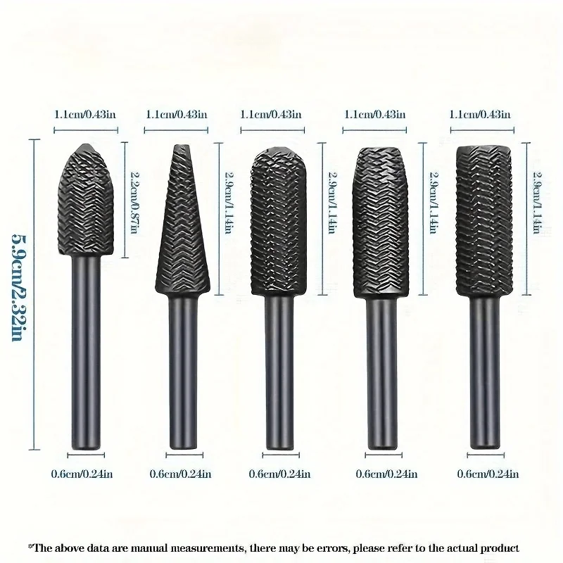 5Pcs Complete models Double Cut Rotary Rasp File Set 6mm Shank Super Hard Steel File For Woodworking Metal Grinding