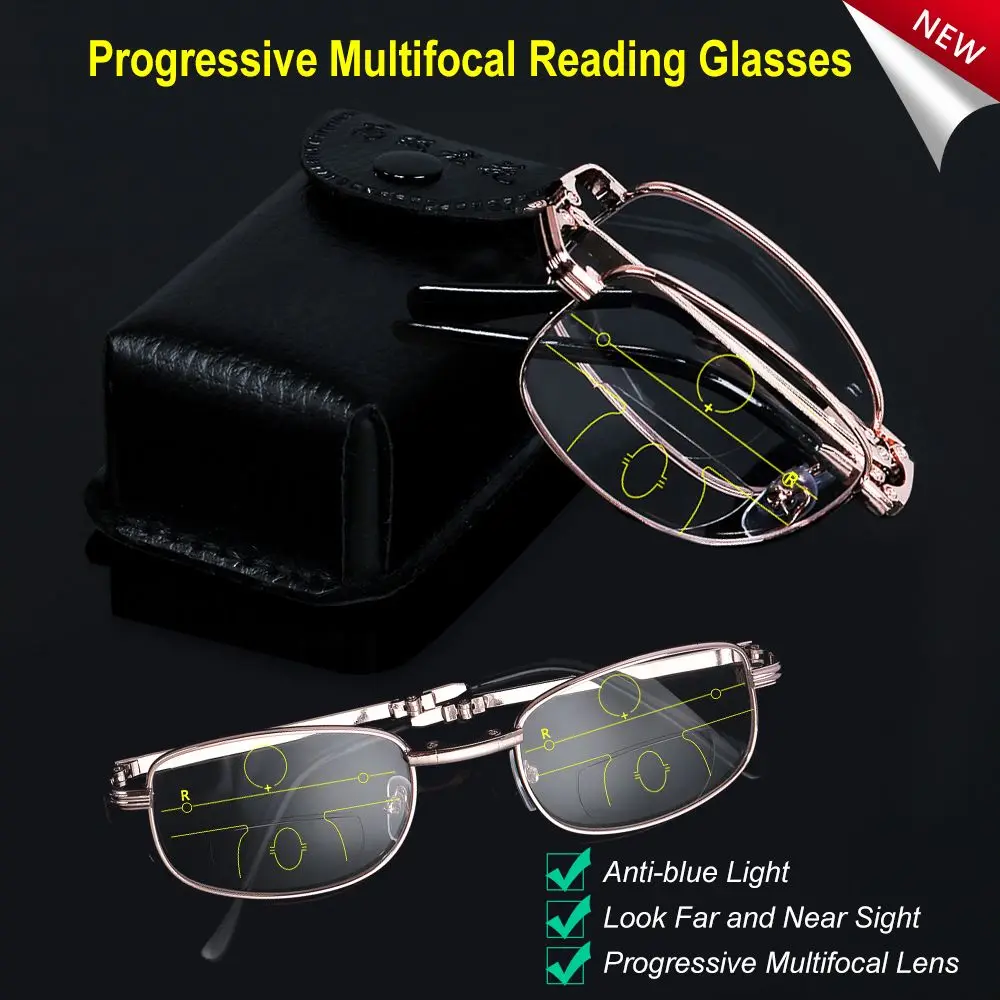 

Folding Reading Glasses Portable Progressive Biofocal Presbyopic Eyeglasses with Case Multifocal Hyperopia Eyewear +1.0 +4.0