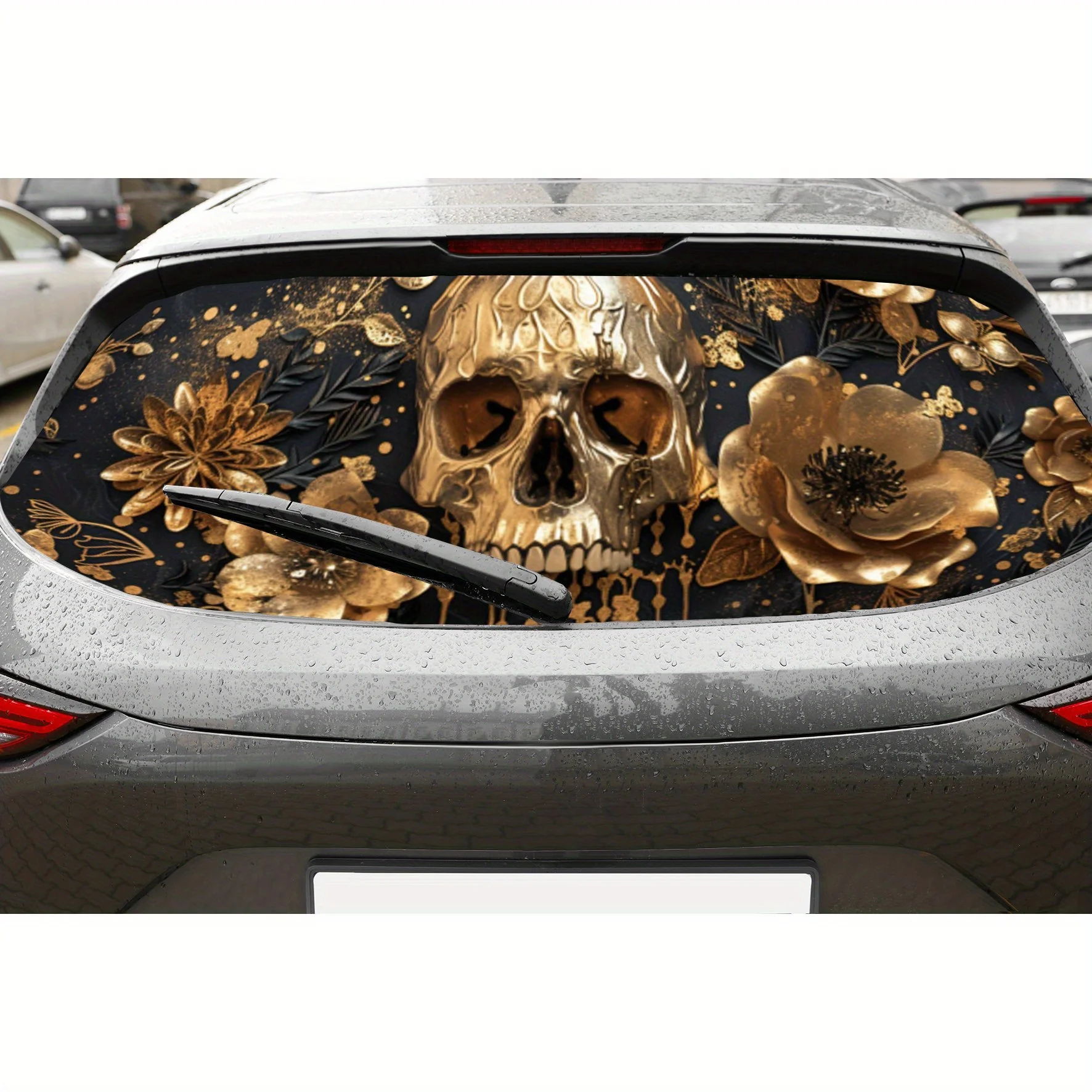 

Golden Skull Gorgeous PVC Perforated Car Vinyl Wraps, Privacy Enhancing Design for Rear Window, Car Rear Windshield Sticker for