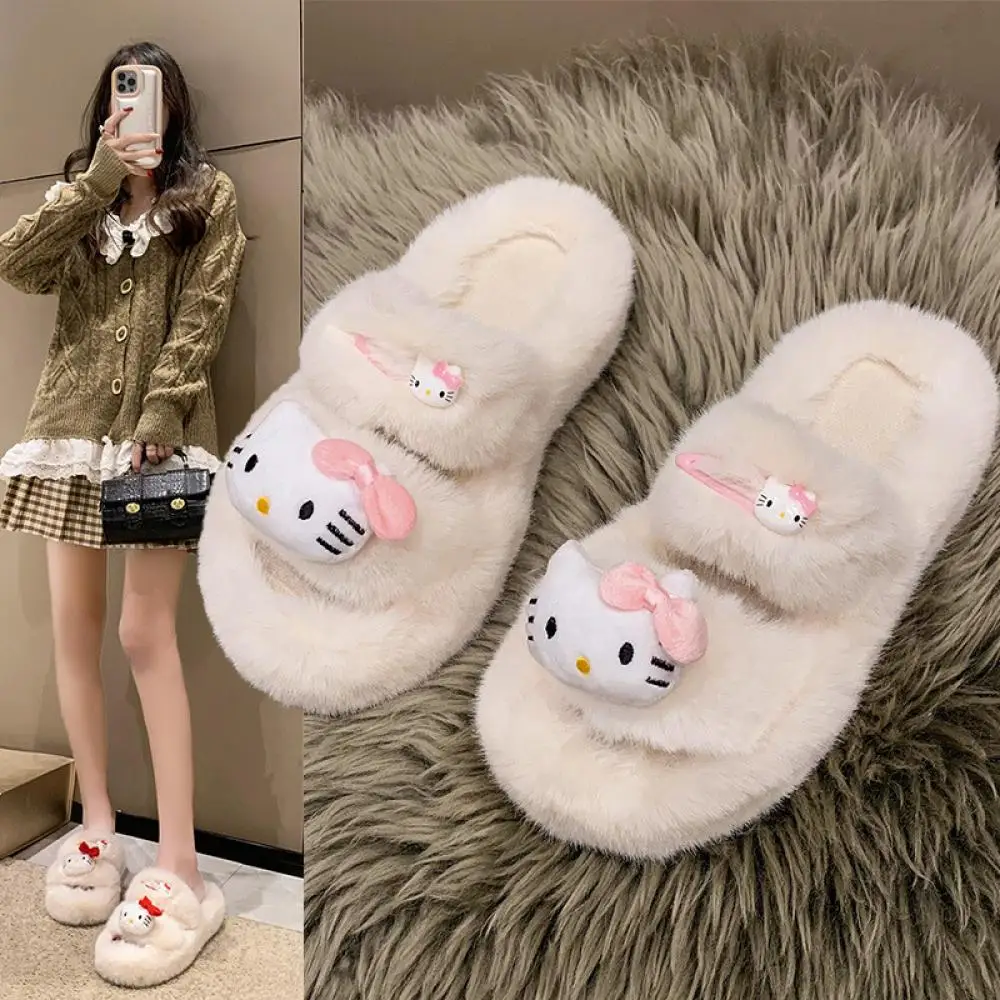 Anime Hello Kitty Plush Slippers Women Sanrioed Kawaii Thick Bottom Autumn Winter Fluffy Soft Cute Student Girl Sweet Gift Home