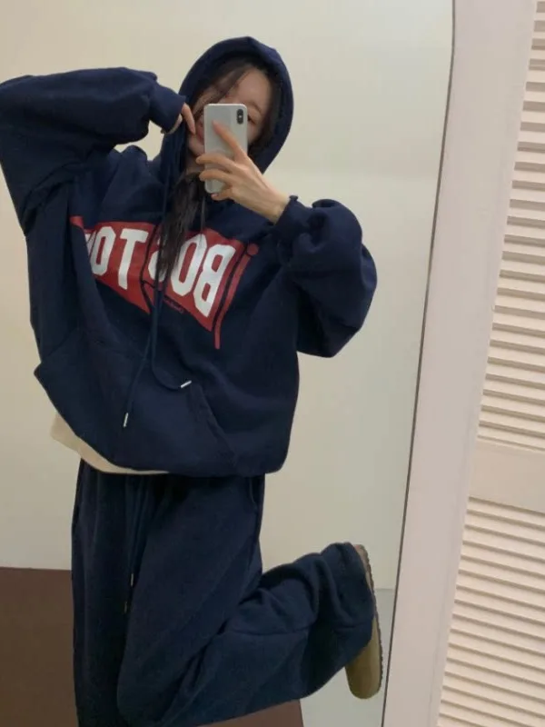 Korean Style Fleece Lined Hoodie And Pants Set with Letter Print Casual Sportswear Two-Piece Suit for Men And Women