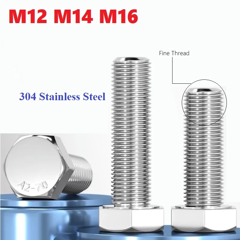 M12M14M16Fine Thread External Hexagonal Cylindrical Head Screw 304 Stainless Steel External Hexagonal Bolt Pitch 1.0/1.25/1.5mm