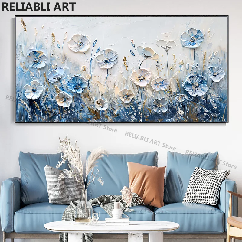 

Field Blue Flowers With White Flowers On Canvas,Abstract Floral Poster,Print Painting,Wall Art Home Decor Picture Unframed