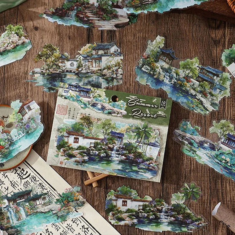 1pack/10pcs Chinese Style Courtyard Stickers, Vintage Pavilion Garden DIY Handmade Album Scrapbooking Decorative Paper Supplies