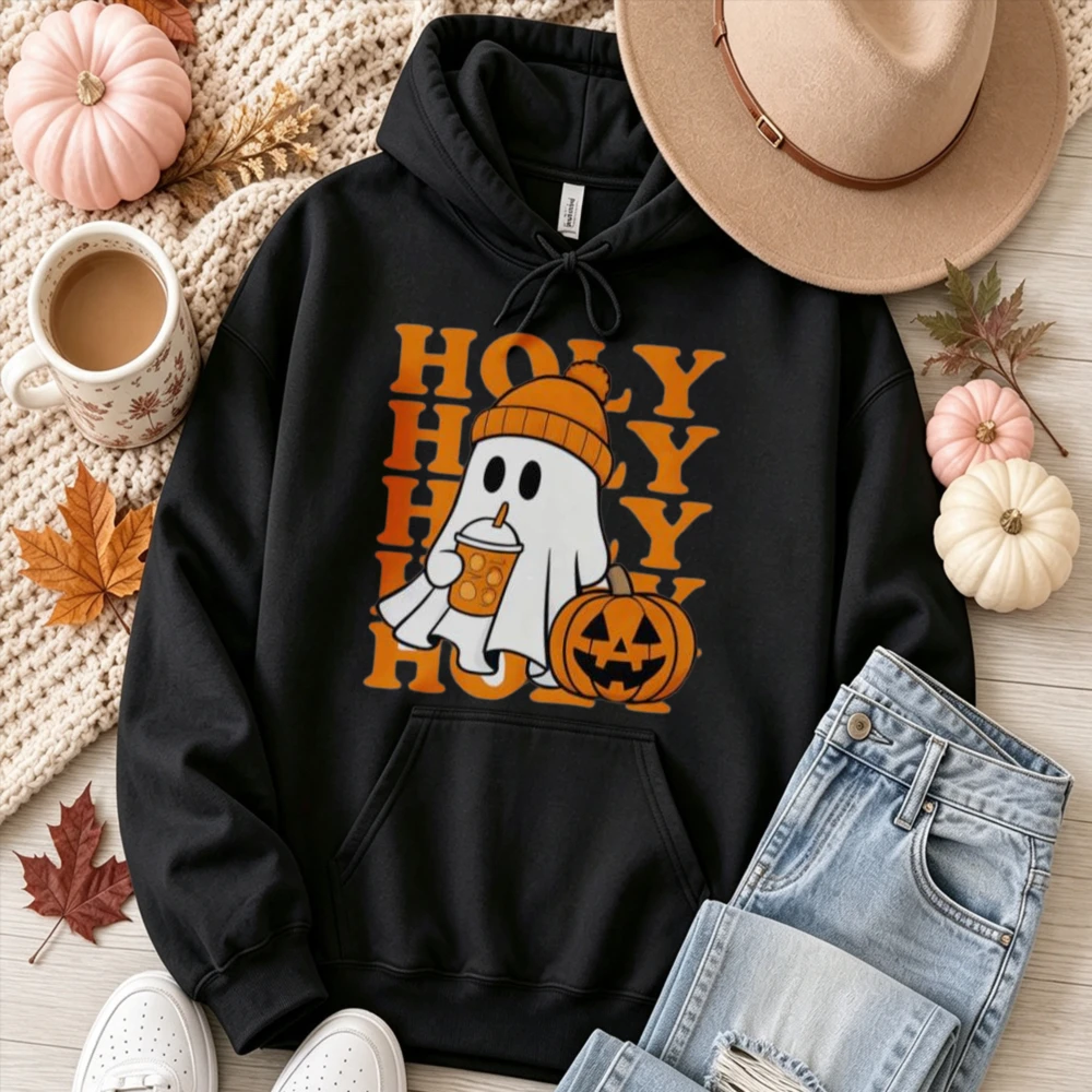 Holy Cute Ghost Pumpkin Spice Latte Graphic Hoodie Unisex Hooded Sweatshirt Halloween Fall Season Long Sleeve Casual Pullover view 2