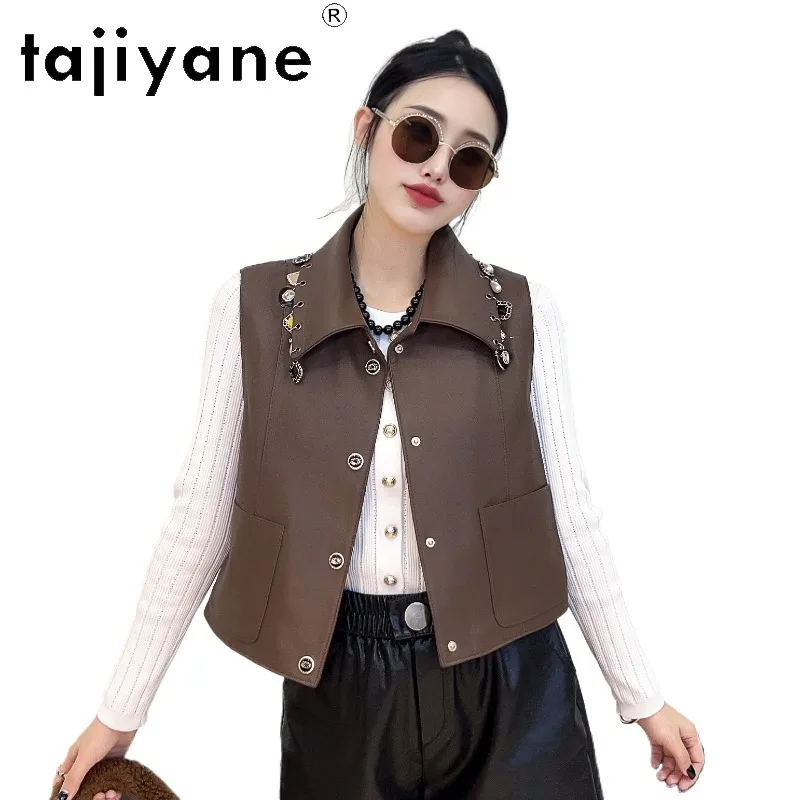 TAJIYANE 100% Natural Sheepskin Leather Vest Sleeveless Top Short Genuine Leather Jacket Woman Slim Fit Gilet Lapel Veste Femme