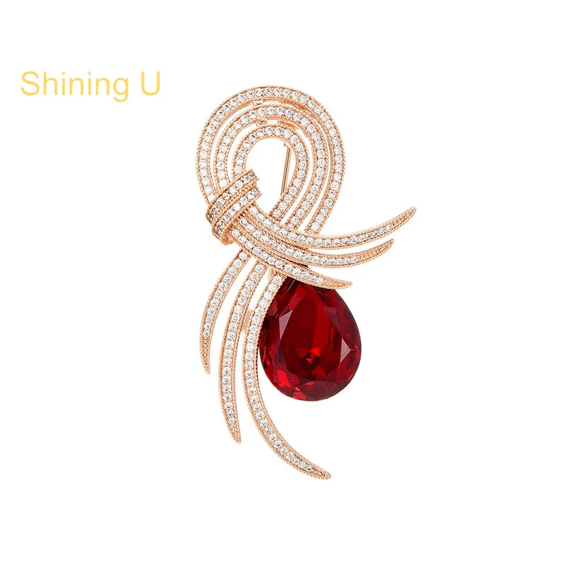 

Shining U Red Pear Zircon Gems Light Yellow Gold Color Brooch for Women Men Fashion Accessory Gift