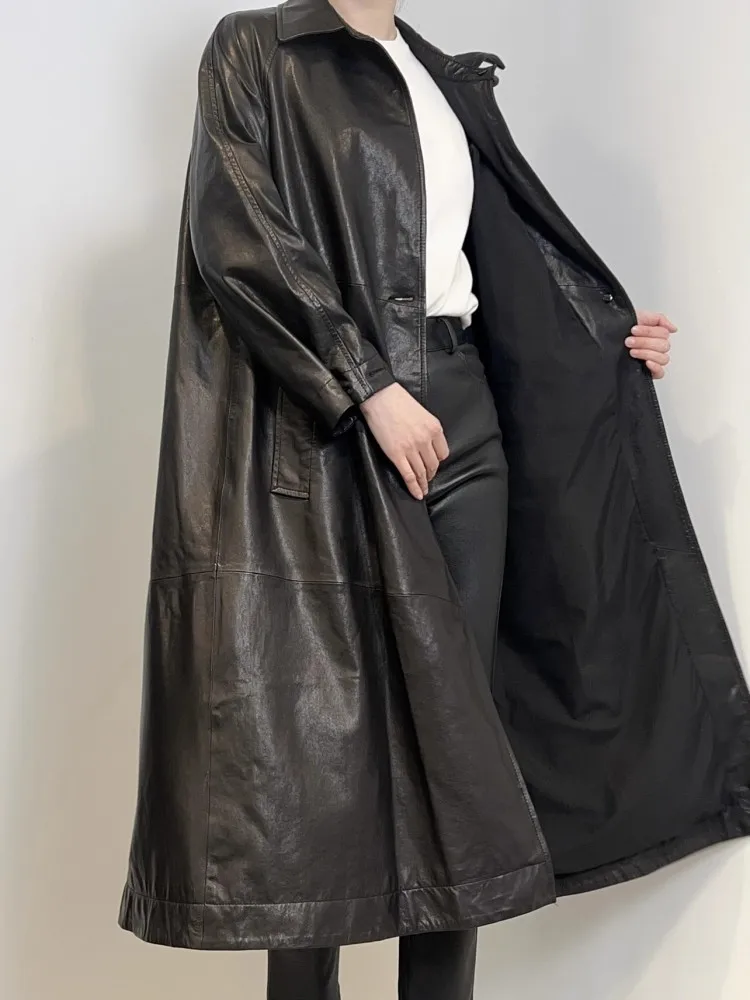 Italienische Designer Frauen Schaffell Echtes Leder Lange Jacke Büro Damen Herbst Arbeit Trenchcoat Lose Fit Windjacke Outwear