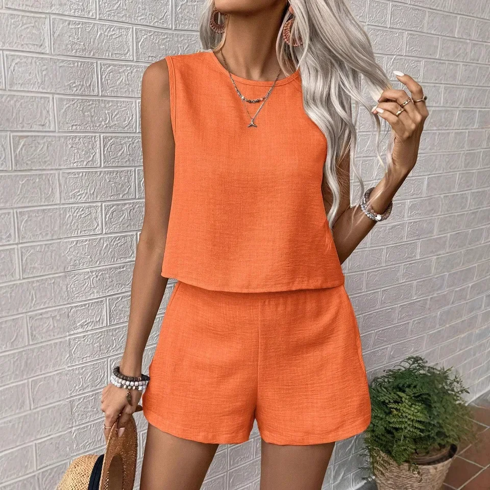 

Fashion Casual Solid Color Short Pants Set Women Sleeveless T Shirt Elastic Waist Shorts Two Piece Sets Female Simple All-match
