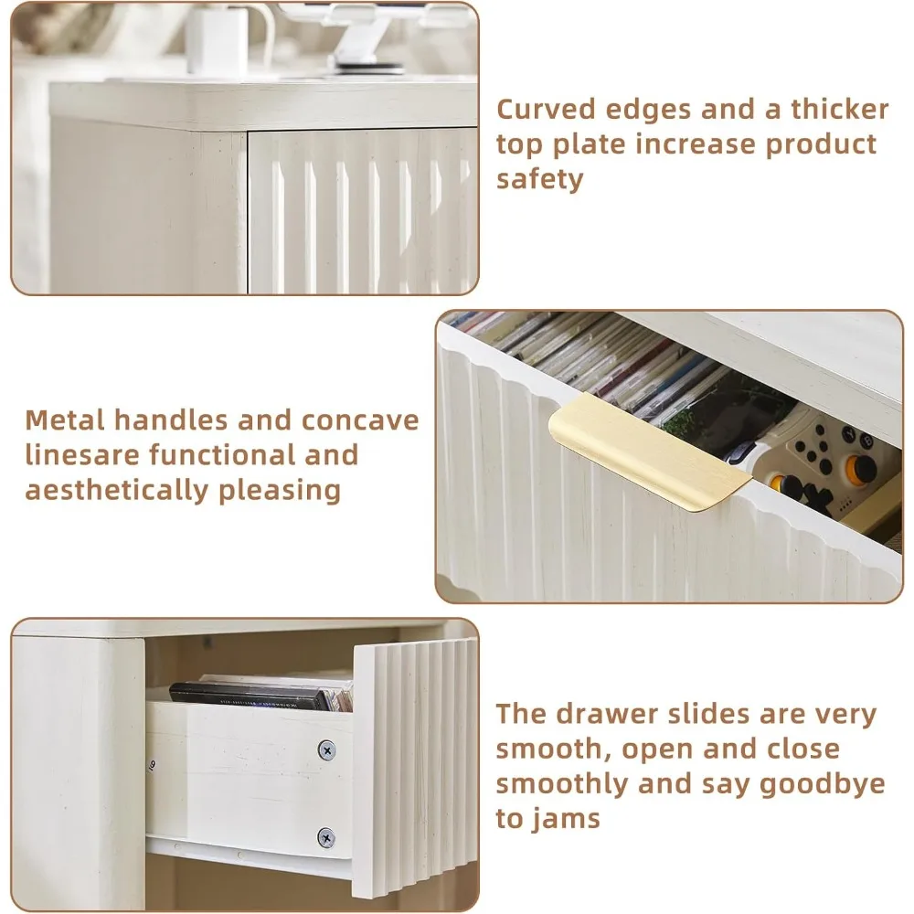 منضدة Leyaoyao المخددة مع محطة شحن، طاولة نهاية ذات درج واحد بعرض 23 بوصة، حامل ليلي أبيض مع خزانة تخزين مفتوحة، مزرعة