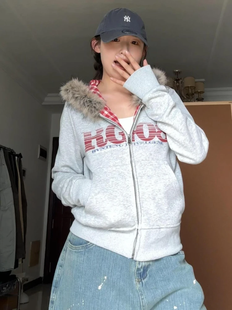 

Deeptown Vintage Letter Fur Collar Hoodies Women Harajuku Gray Zipper Hooded Sweatshirts American Retro Casual Loose Hoodies