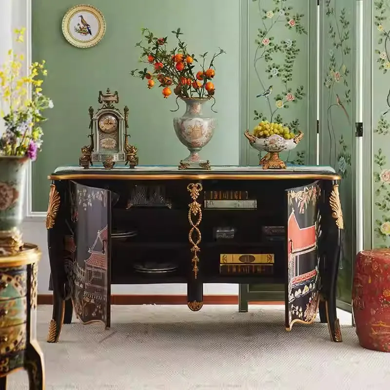 !@Neoclassical Retro Chinese Wood Storage Cabinet Solid Black Hand Painted Design for Dining Room Entryway Living Room Home