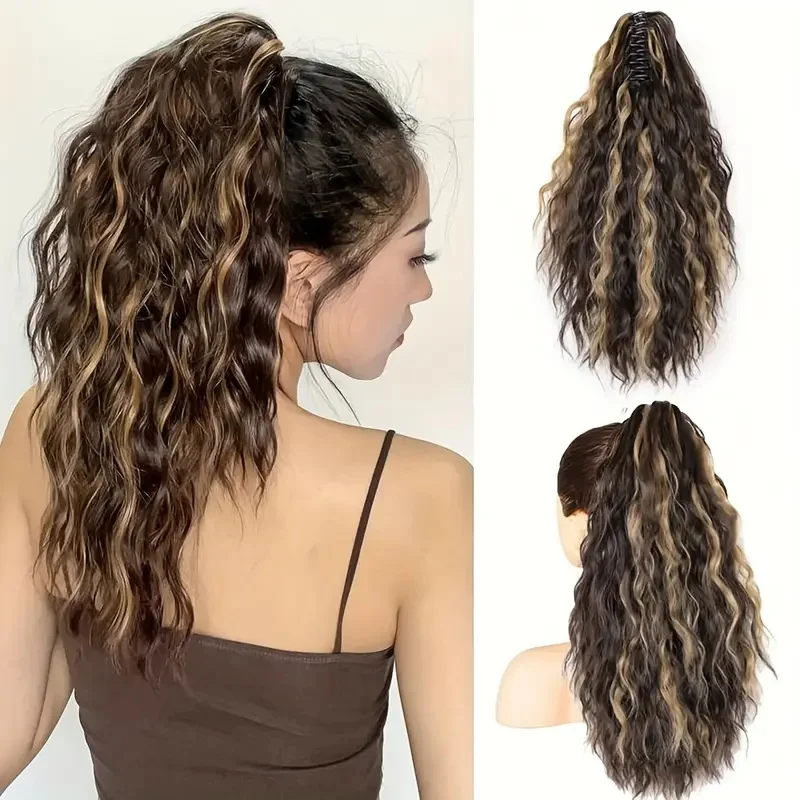 

18 Inch Water Wave Synthetic Hairpiece - Heat Resistant Fiber, Elegant Claw Clip Ponytail Extension for Women