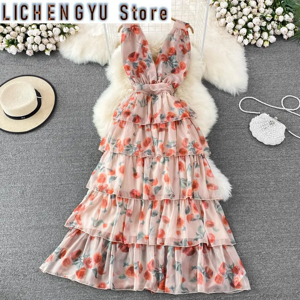 

New Sweet Style Chiffon Sleeveless V-neck Contrast Color Print High Waist A-line Women Dress Summer Dresses