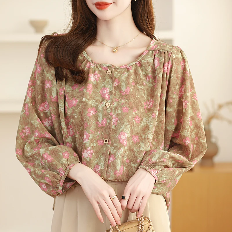 Women Summer Simplicity Loose Office Lady Printing Chiffon O-neck Long Sleeve Shirts Women Clothes Casual All-match Elegant Tops