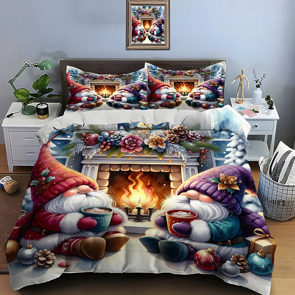 Christmas Gnome Print Bedding Set Duvet Cover 1 Duvet Cover 2 Pillowcases Adult and Children Bedding Set Luxury Holiday Gifts