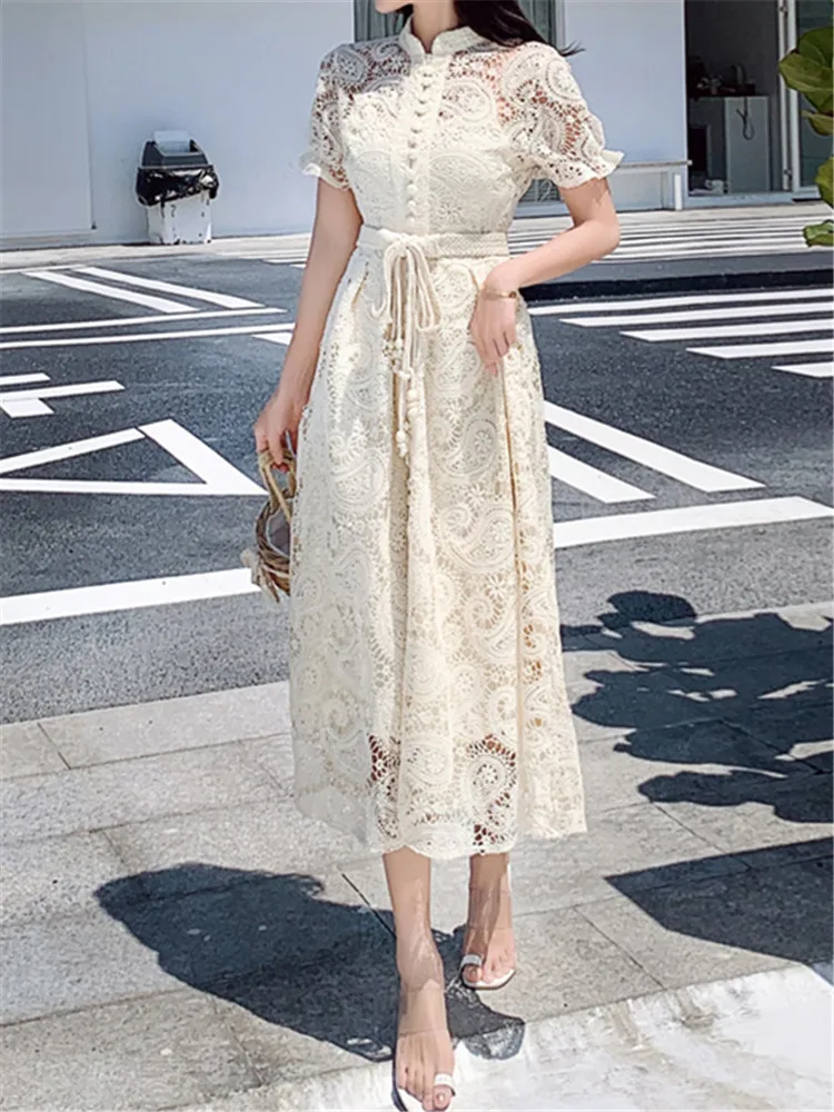 Floral Runway Party Short Sleeve Sexy Vintage Embroidery A-Line Lace 2022 Boho Summer Elegant Dresses for Women Chic Print Mesh