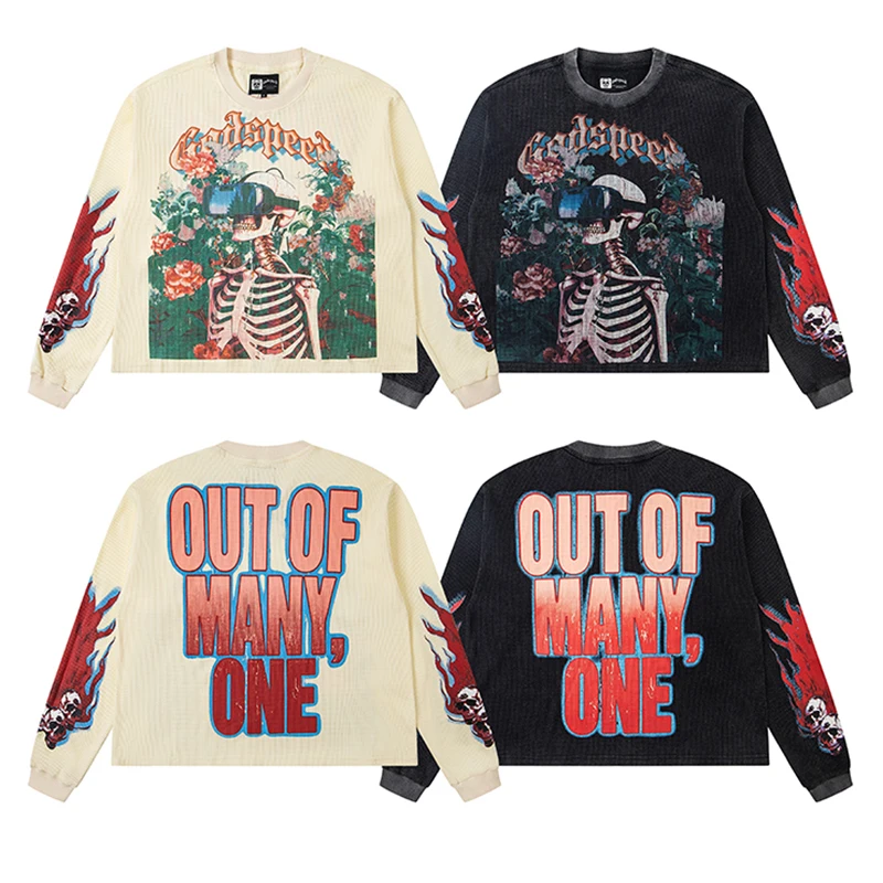 

High Street Wash Black Godspeed Long Sleeve Pullover Men Women Autumn Winter Loose Versatile Direct Spray Print Pattern T-shirt