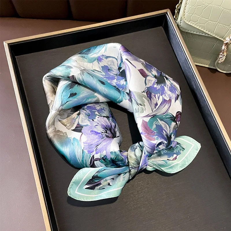 

100% Natural Real Silk Scarf for Women Beach Shawl Pashmina Satin Flower Foulard Femme Square Scarfs Bandana Hijab Scarves 53cm