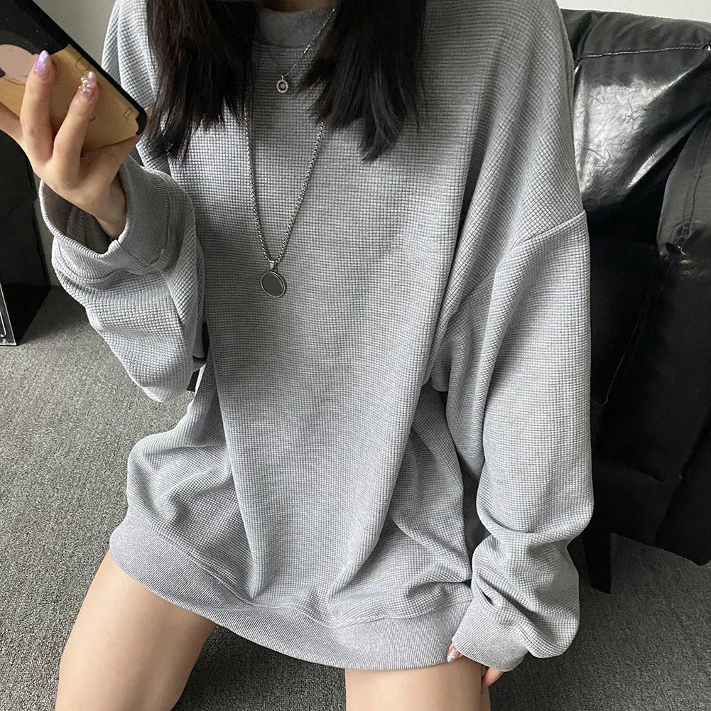 Loose Fit Plus Size Lady Sweatshirt Long Sleeve Casual Pure Color Waffle Material Suitable for Vacation Holiday Daily Wear