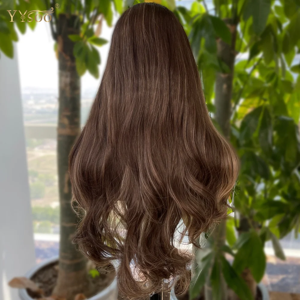 YYsoo-peluca sintética de encaje frontal sin pegamento para mujer, pelo largo con reflejos de onda corporal, línea de cabello prearrancada, 13x4