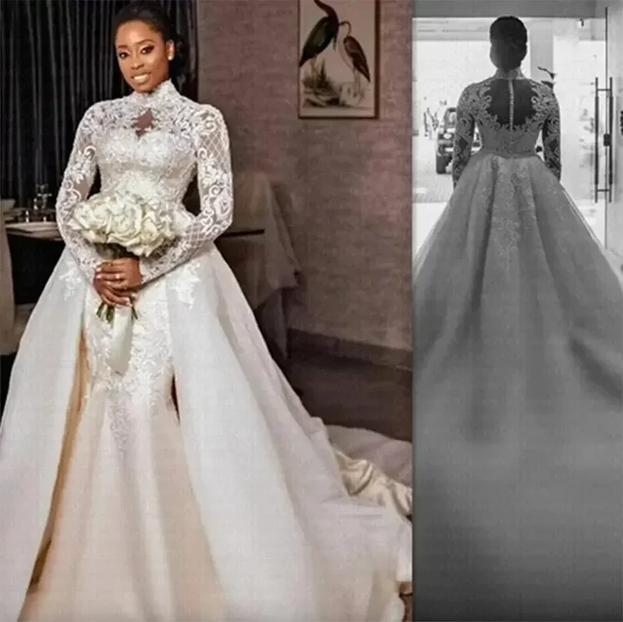 

Plus Size Mermaid Wedding Dress Sheer Neck High Bride Dress Long Sleeves Gowns Dresses Charming Train Formal Bridal Gowns