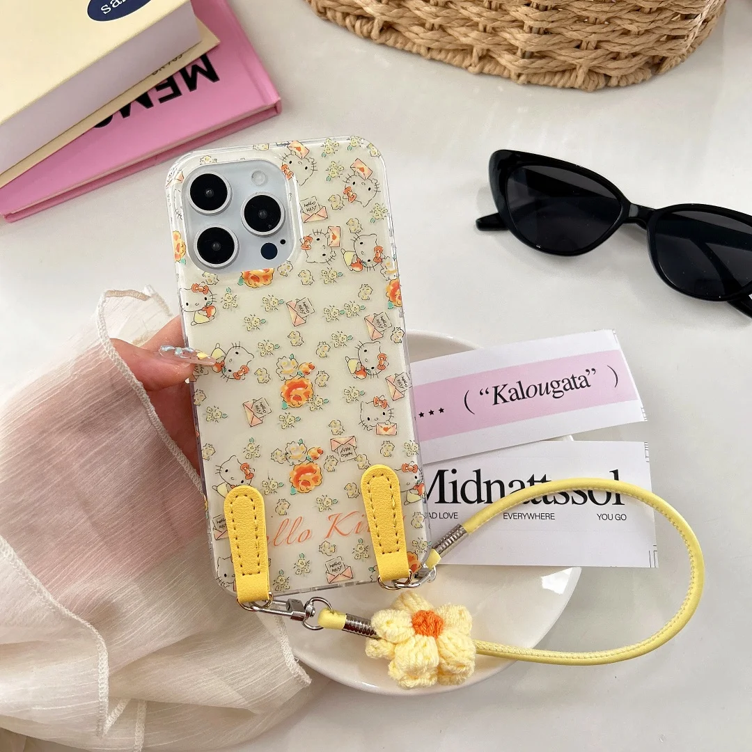 

Imd double-layer shell flower cat hello kitty back cover for iphone 15 16 pro max 13 14 plush flower leather lanyard phone case