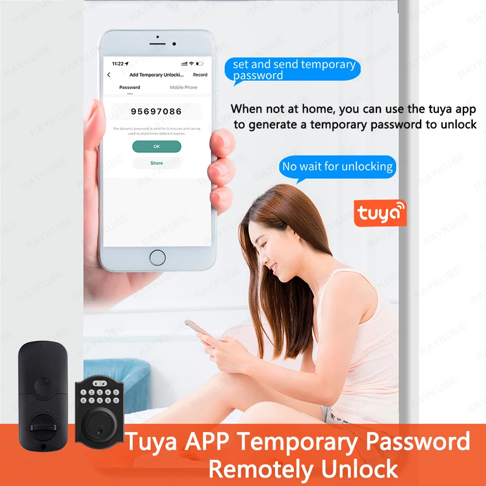 Raykube tuya ble cronometrado bloqueio automático deadbolt fechadura da porta inteligente fechadura digital com senha/chave/app desbloqueio remoto