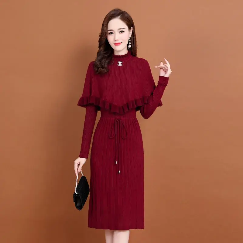 Korean Fashion Slim Dresses Casual Solid Color O-neck Long Sleeve Pullovers Sexy Vintage Temperament Knitting Women's Clothing