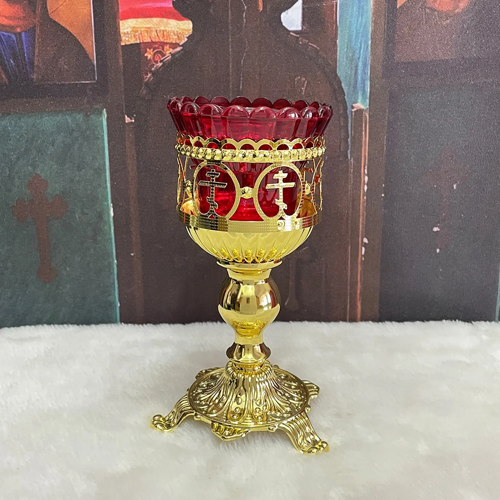 Orthodox Standing Vigil Lamp Gold Red Green Glass Cross Church Altar Candle Oil Holder Byzantine Christian Home Decor Gift
