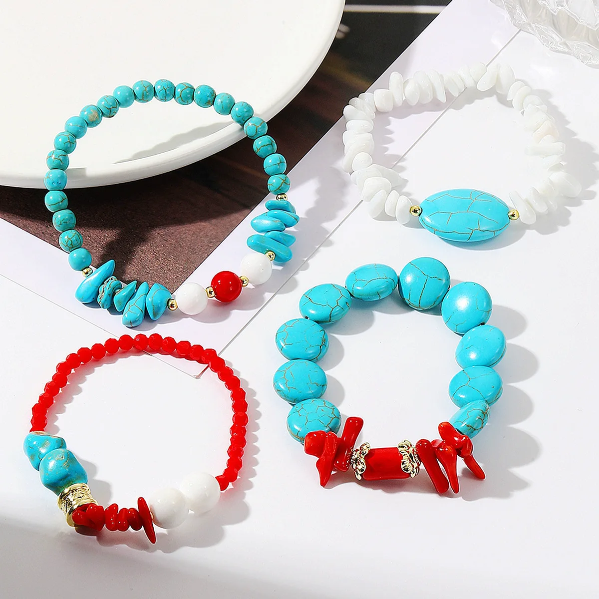 Handmade Gem Bracelet Stretch White Turquoise Crystal Bracelet Set Bohemian Red Coral Turquoise Bracelet Gifts for Women