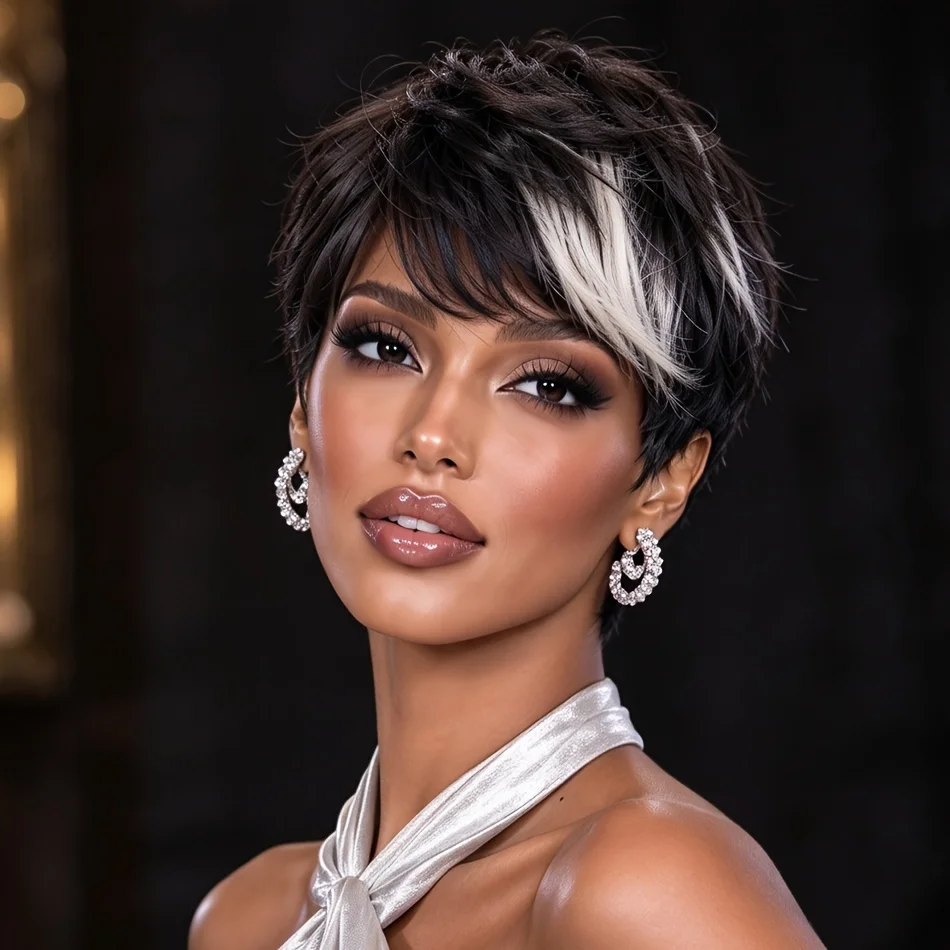 Pixie Cut Wig Natural Mixed Colors 1B-60 Human Hair Wig With Bangs For Women Layered Short Straight Hairstyle Human Hair Wig 4inch 180% Density Remy Human Hair Wig Full Machine Made Wigs For Halloween, Christmas Party