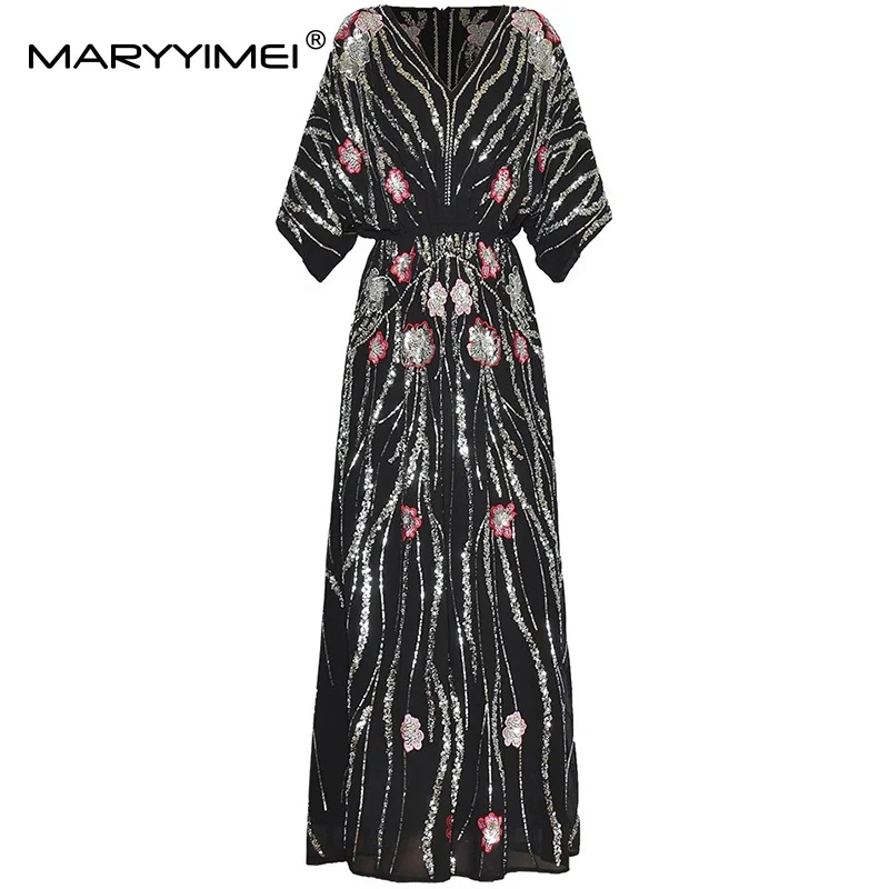 MARYYIMEI Fashion design Women's Dress V-Neck Half-Sleeved High waist Sequins Striped Evening Party S-4XL Dresses