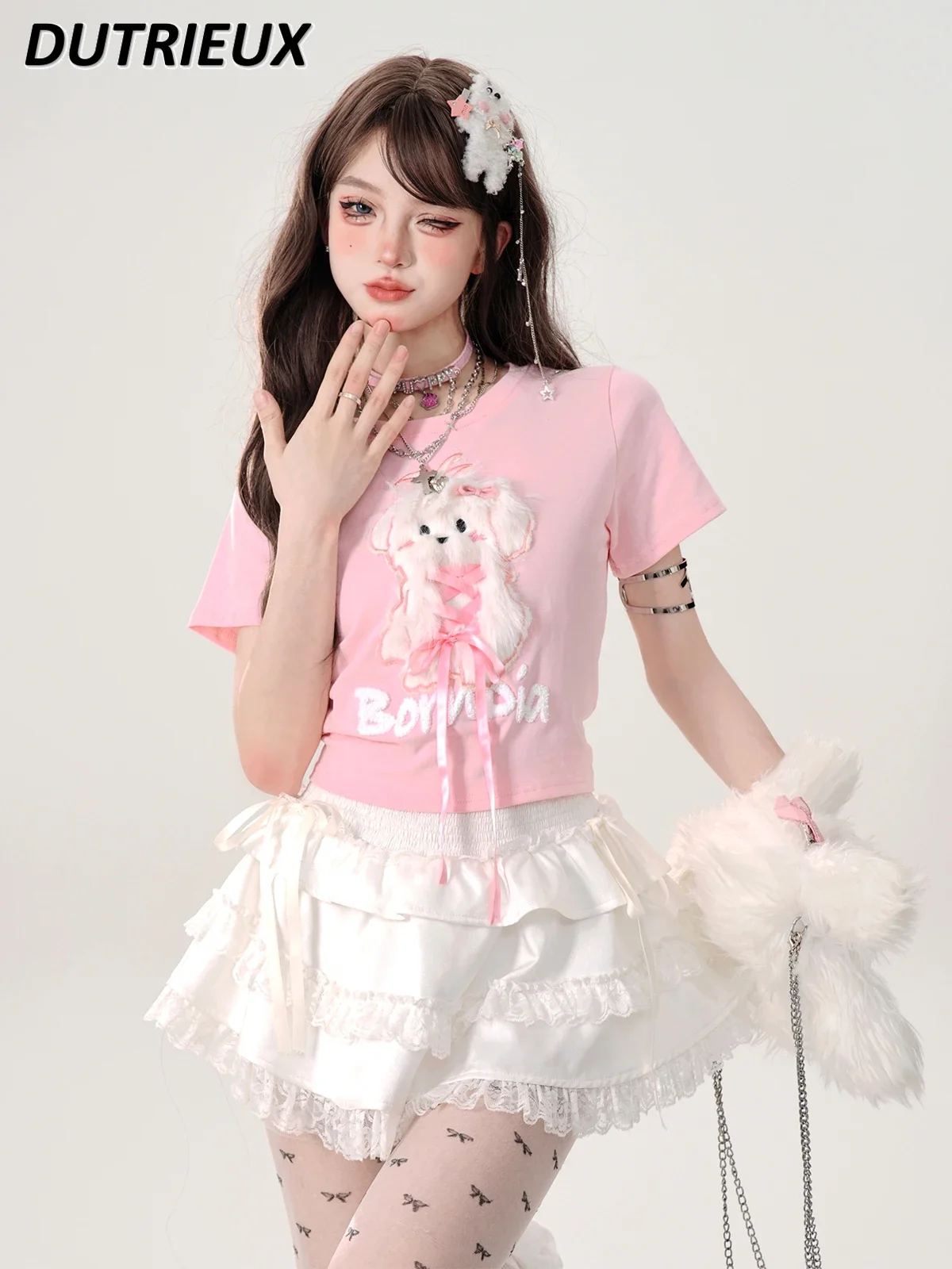 

Sweet Cute Kawaii Pink Strapless Loose Short-Sleeved T-shirt for Women's Clothes Summer New Design Sense Niche T Shirt Top Y2k