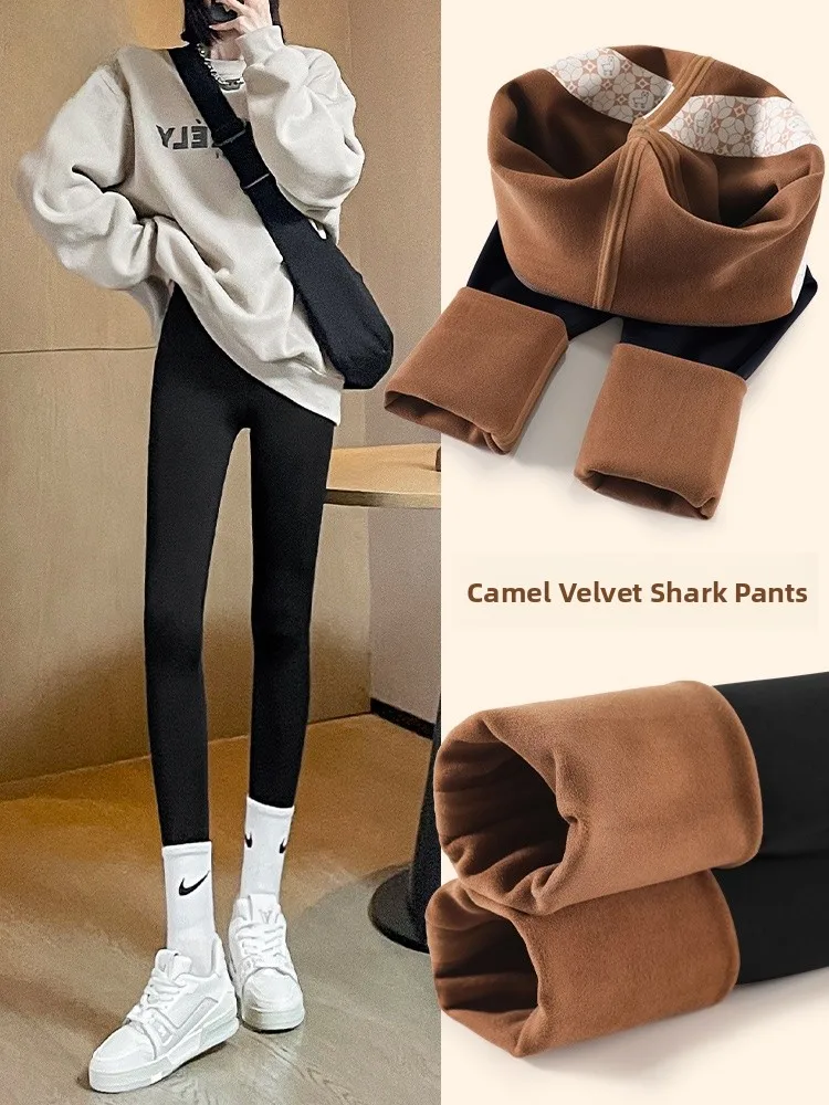 

Warmth Person Camel down arkskin Pants Thiened Fce Winter Outfit Yoga Pants Slimming Bla High Waist Nine Points