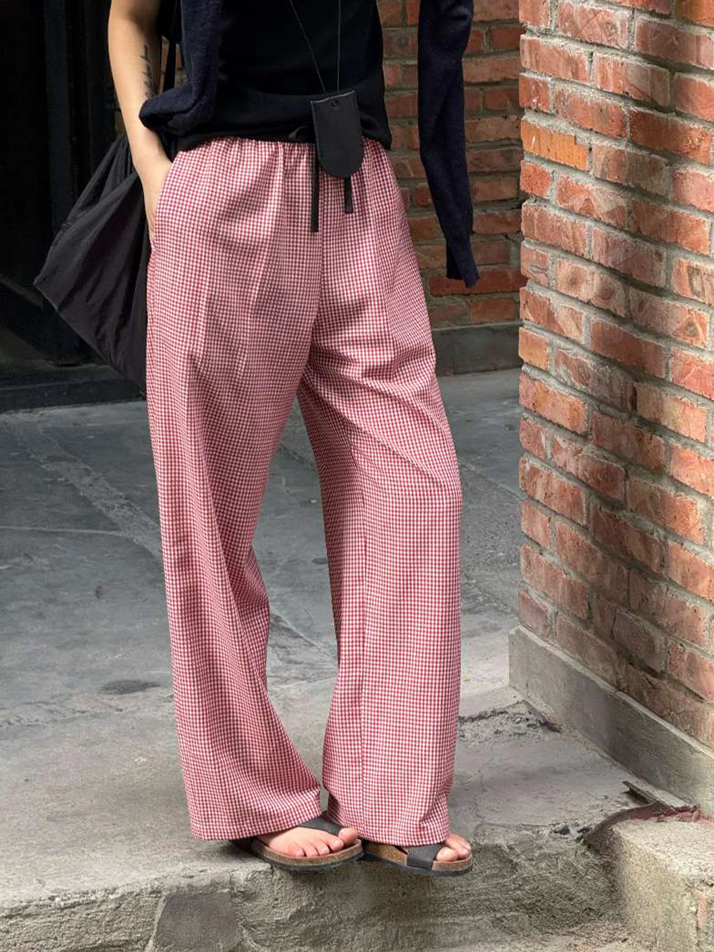 

Женские летние тонкие свободные повседневные брюки Beibei с широкими штанинами в розовую клетку, прямые, длинные, с завышенной талией