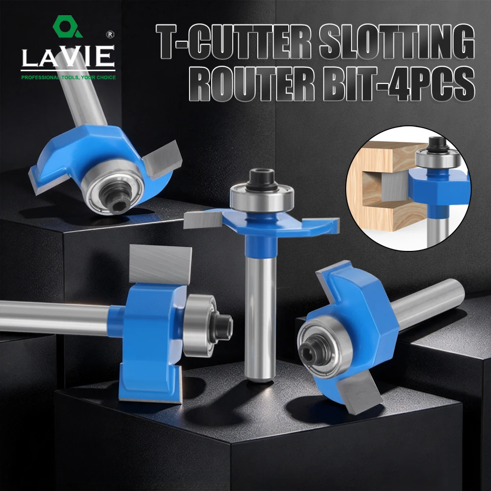 LAVIE 4PCS 1/4" Shank T-Slot Router Bit Set 1-1/4" Dia Bearing Guided Milling Cutter 1/8" 1/4" 3/8" 1/2" For Wood Grooving