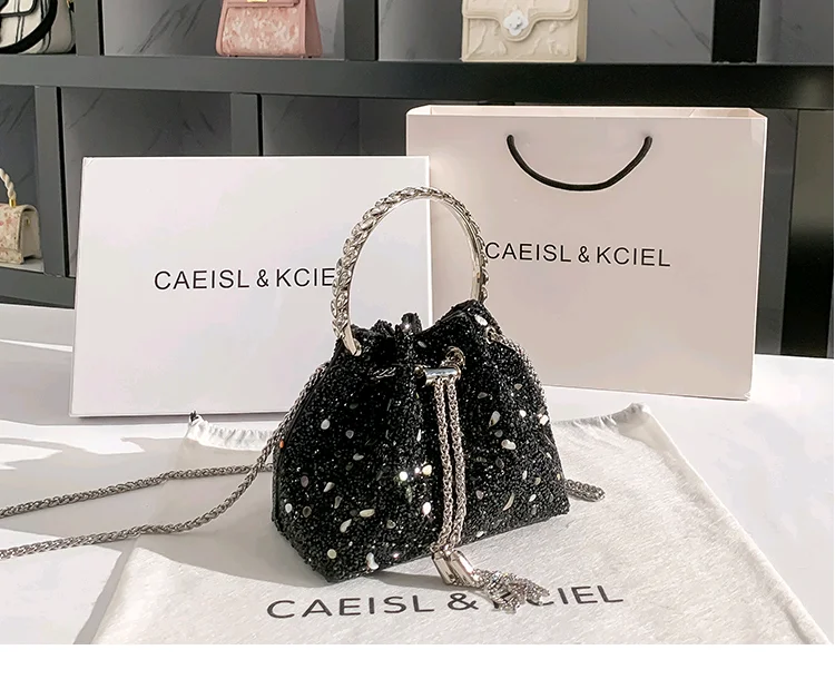 Fashion Black Stones Bucket Bag Luxury Evening Bag Wedding Party Clutch Purse Metal Handle Women Handbag Shoulder Crossbody Bag