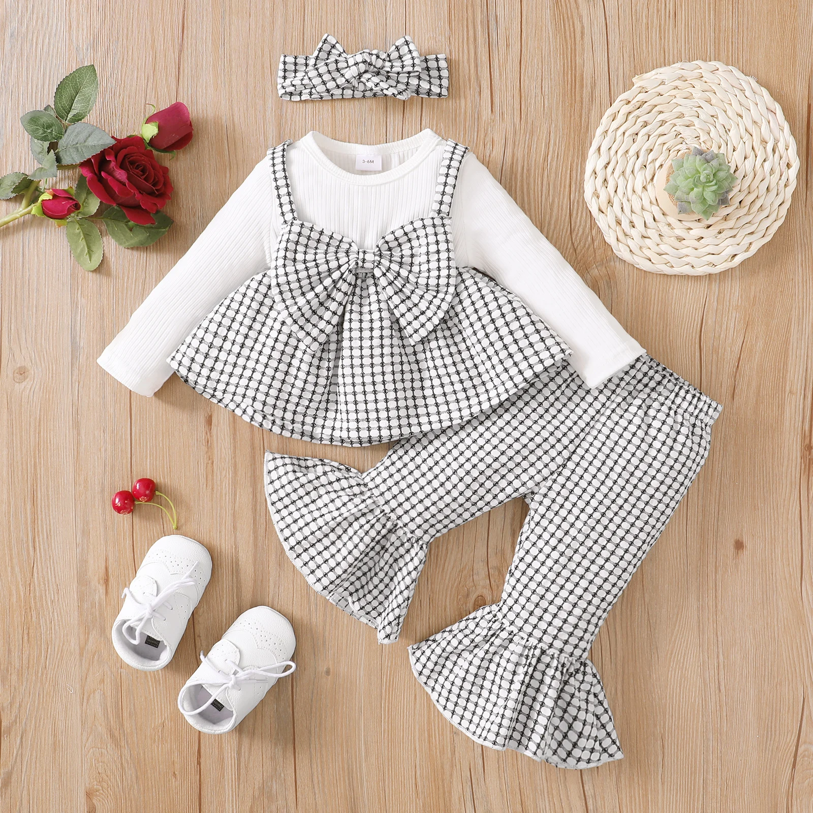 Baby Girl Is Suitable for All Seasons, Fashionable Black and White Plaid Bow Long-Sleeved Umbrella-Shaped Hem Top + Bell Bottoms + Headscarf