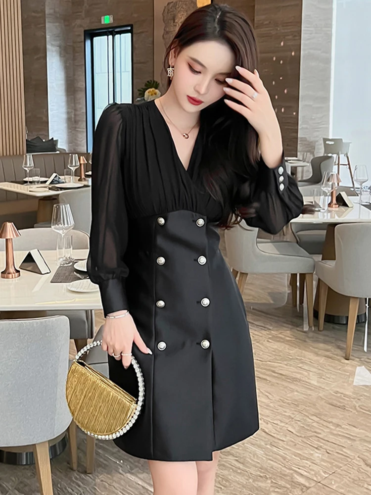 春秋のエレガントな女性のイブニングドレス高品質サテン気質フォーマルシックな V ネックスリムミニパーティープロム Mujer Vestidos