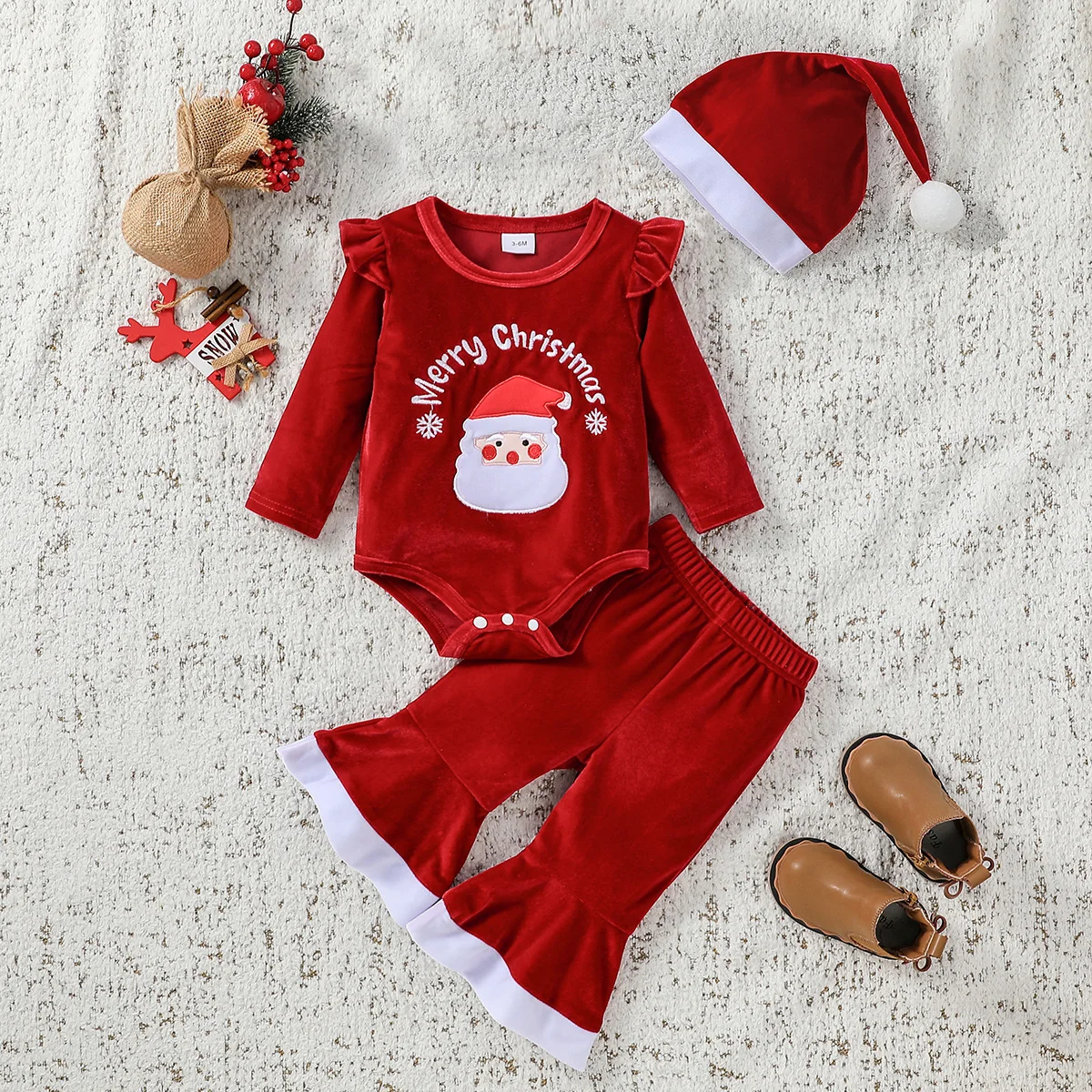 2024 New Style Baby Girls Newborn-18M Long Sleeve Red Cartoon For Christmas Pantsuit Outfits