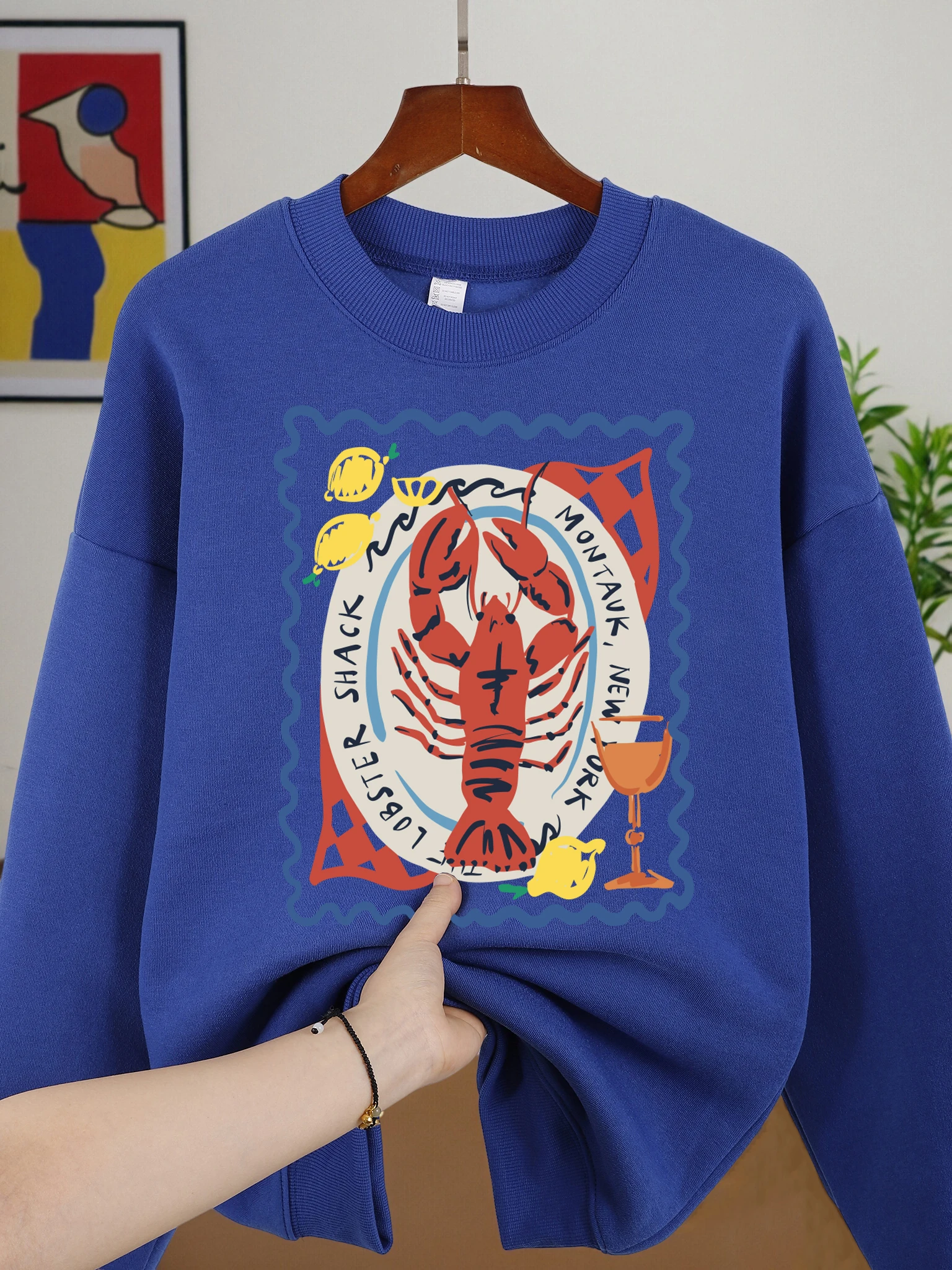 Zitronengetränk mit Hummer bedrucktes Damen-Sweatshirt, Fleece, lässiger Pullover, O-Ausschnitt, Herbst, Streetwear, Sport, Jogging, Y2K-Kleidung