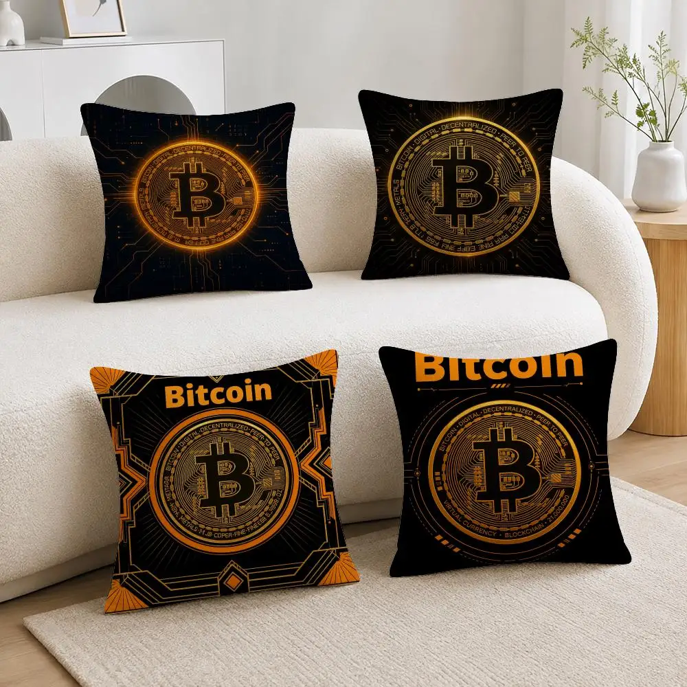 Digital Cryptocurrency Bitcoin Cushion Cover Soft Fluffy Short Plush  Pillow Case  Sofa Bed Home Decor