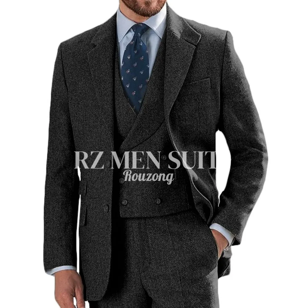 Costumes en tweed pour hommes, 3 pièces, en tweed à chevrons, coupe ajustée, blazer croisé, smoking,