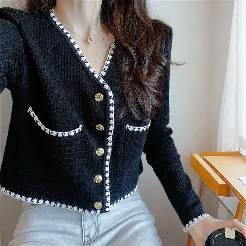 

Fashionable Versatile Short Knitted Open Cardigan Women's Spring Autumn Outerwear Loose Long Sleeve V-Neck Soft French Style